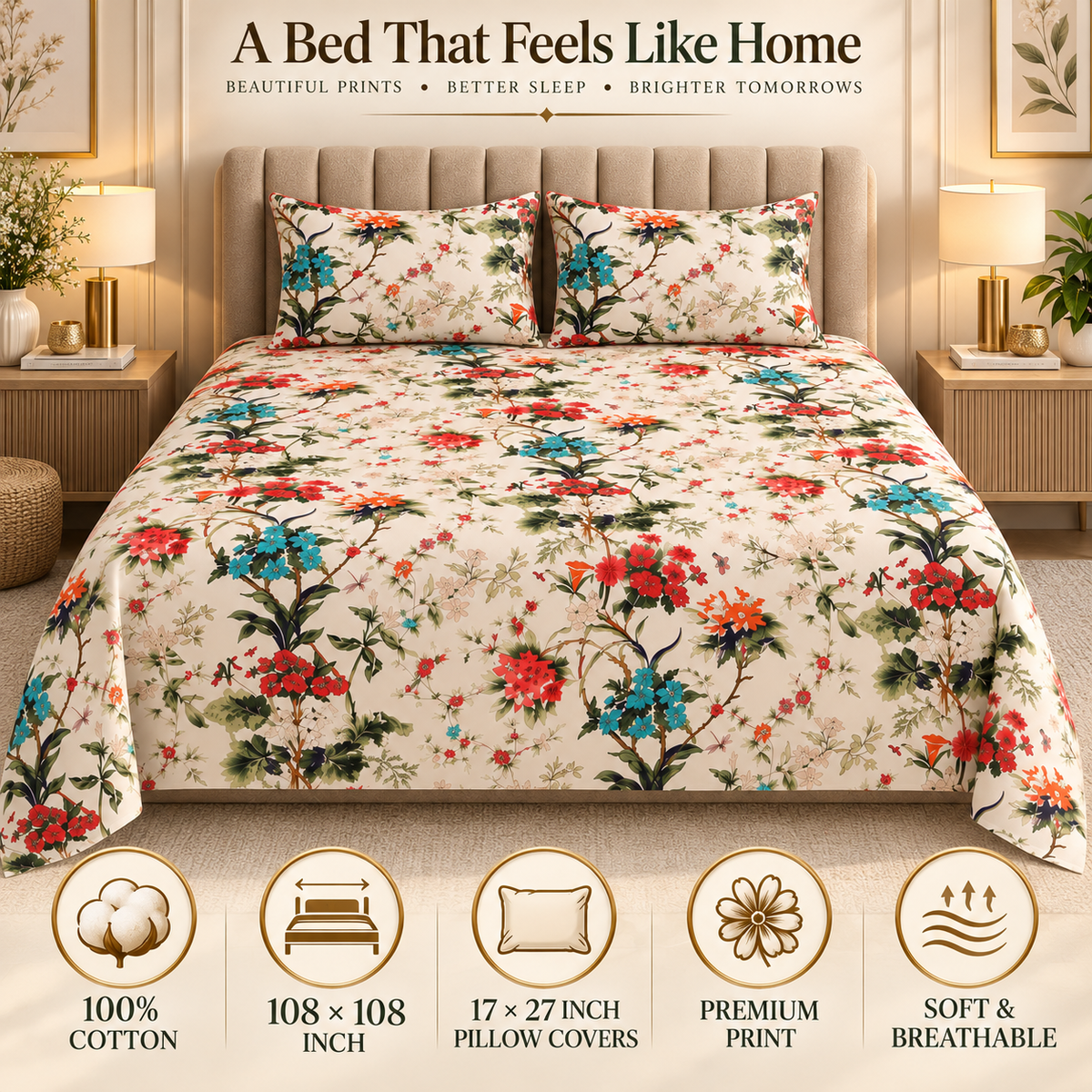 Heavenbirds 300 TC Premium Cotton Bedsheet with 2 Pillow Covers | Ultra Soft & Color Fade Resistant