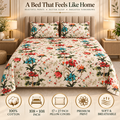 Heavenbirds 300 TC Premium Cotton Bedsheet with 2 Pillow Covers | Ultra Soft & Color Fade Resistant