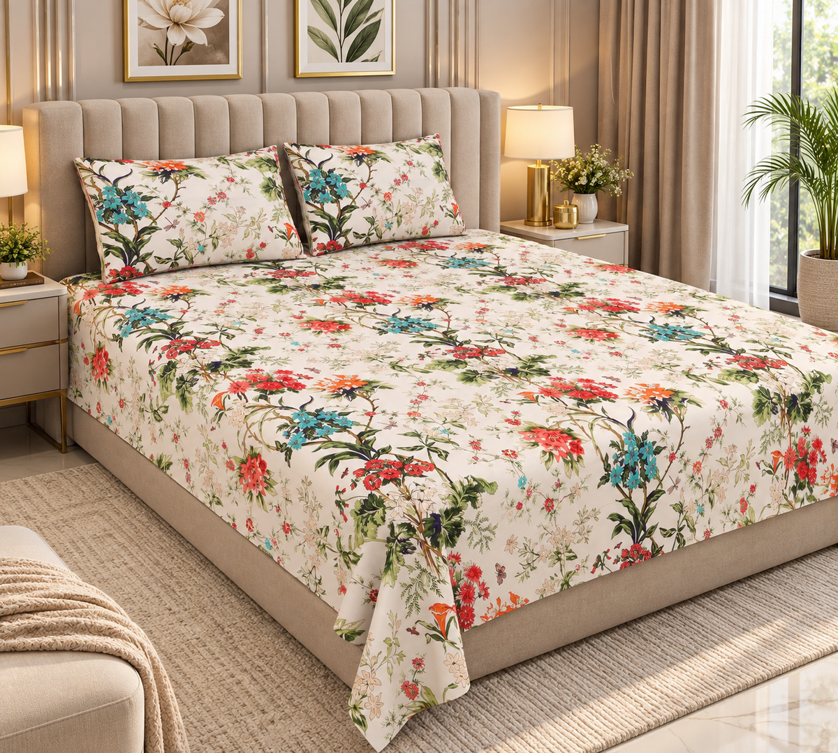 Heavenbirds 300 TC Premium Cotton Bedsheet with 2 Pillow Covers | Ultra Soft & Color Fade Resistant