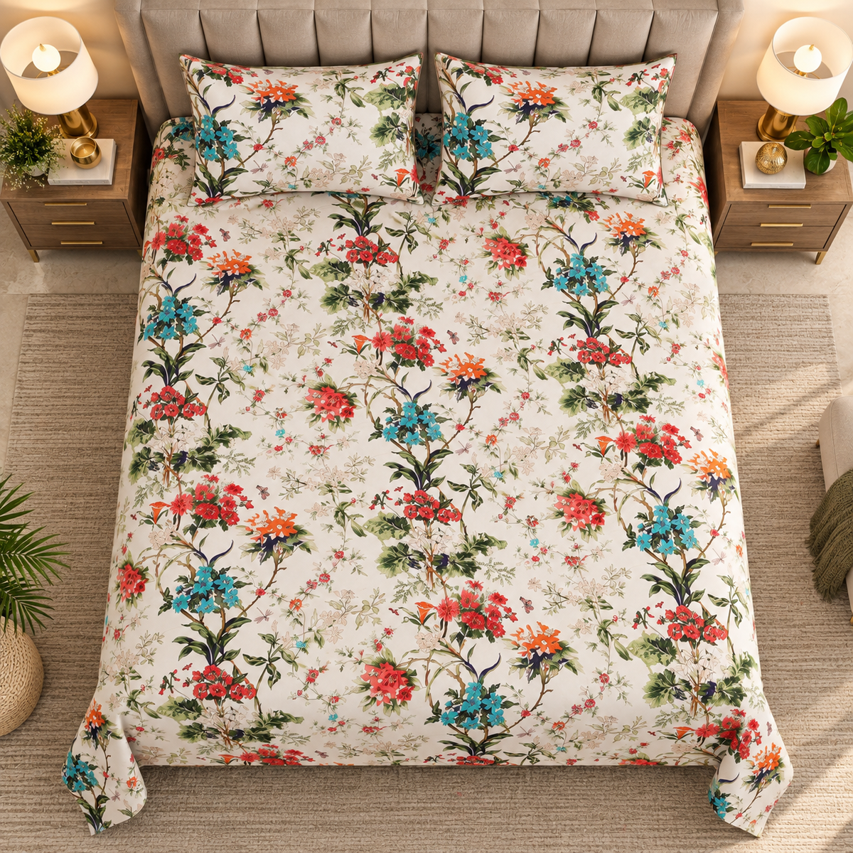 Heavenbirds 300 TC Premium Cotton Bedsheet with 2 Pillow Covers | Ultra Soft & Color Fade Resistant