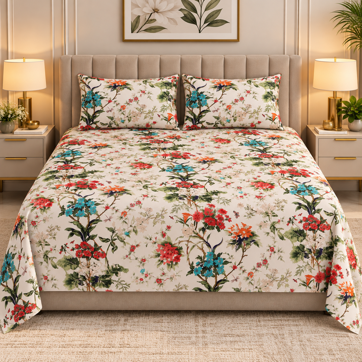 Heavenbirds 300 TC Premium Cotton Bedsheet with 2 Pillow Covers | Ultra Soft & Color Fade Resistant