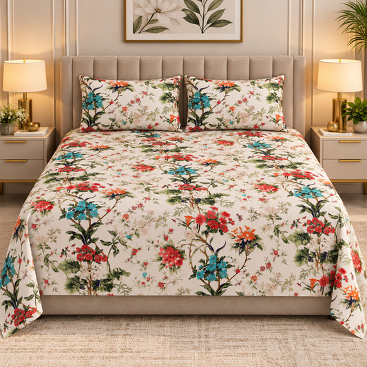 Heavenbirds 300 TC Premium Cotton Bedsheet with 2 Pillow Covers | Ultra Soft & Color Fade Resistant