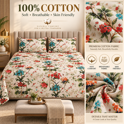 Heavenbirds 300 TC Premium Cotton Bedsheet with 2 Pillow Covers | Ultra Soft & Color Fade Resistant