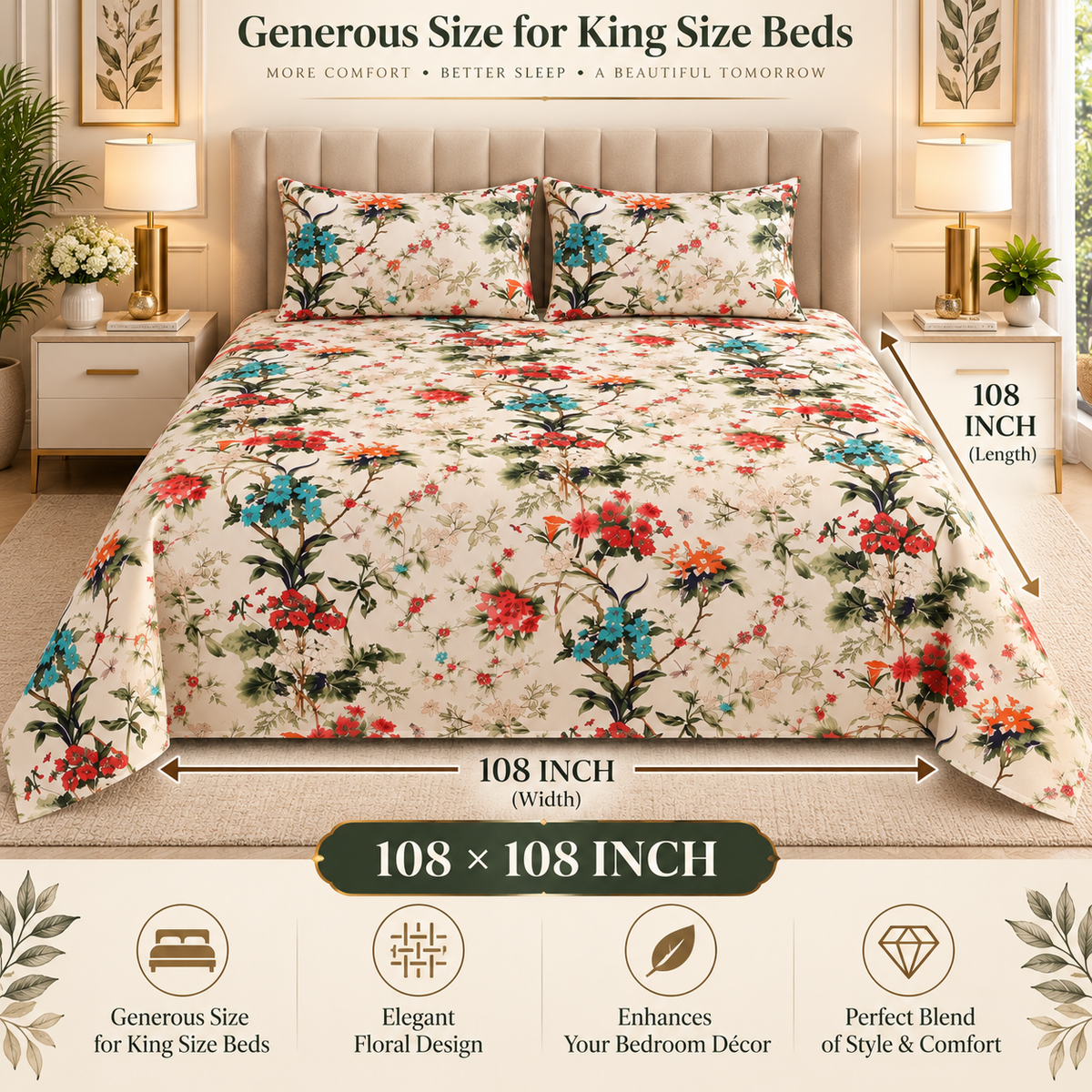 Heavenbirds 300 TC Premium Cotton Bedsheet with 2 Pillow Covers | Ultra Soft & Color Fade Resistant