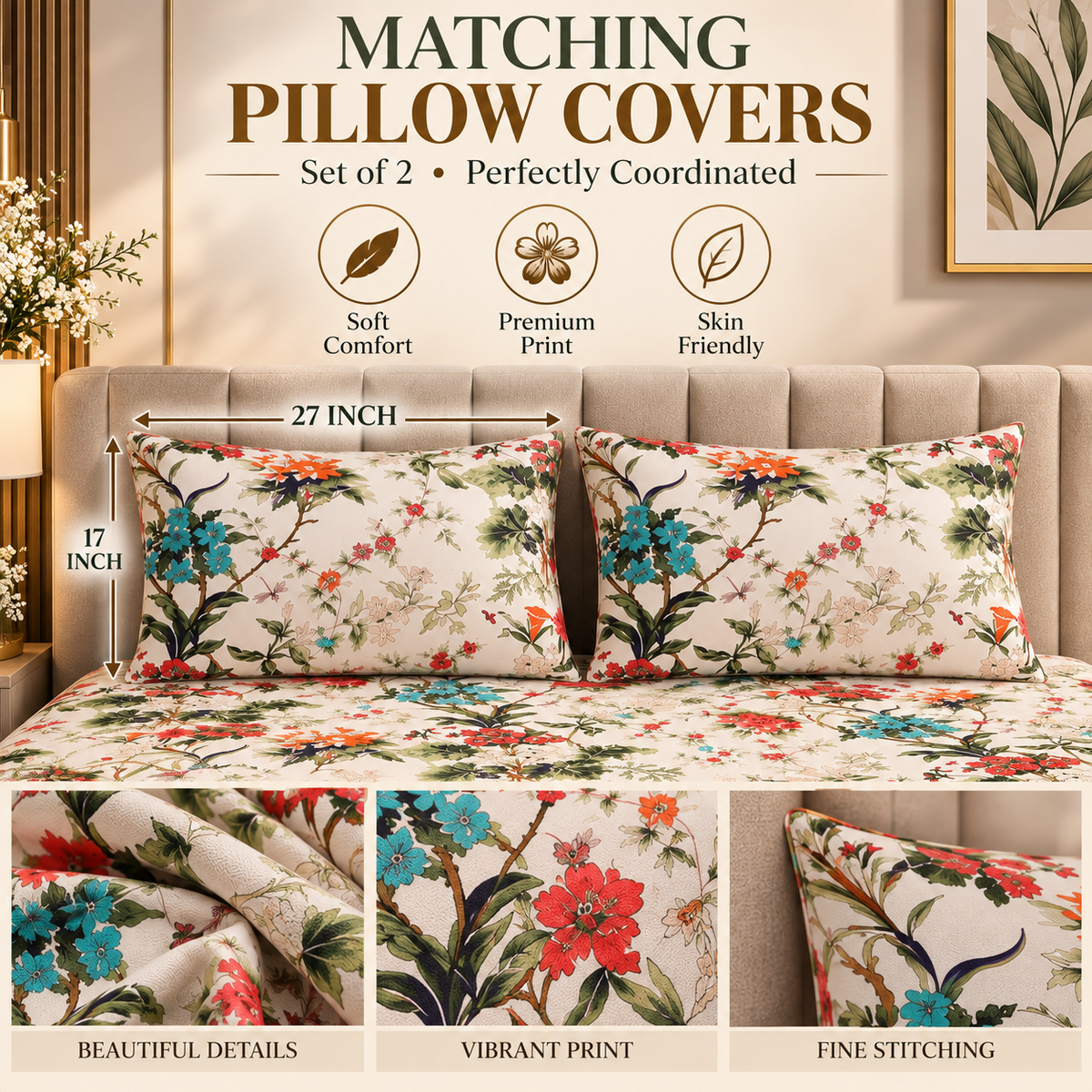Heavenbirds 300 TC Premium Cotton Bedsheet with 2 Pillow Covers | Ultra Soft & Color Fade Resistant