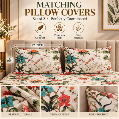 Heavenbirds 300 TC Premium Cotton Bedsheet with 2 Pillow Covers | Ultra Soft & Color Fade Resistant