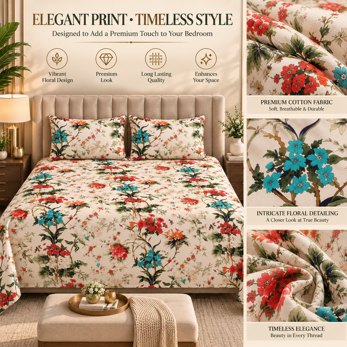 Heavenbirds 300 TC Premium Cotton Bedsheet with 2 Pillow Covers | Ultra Soft & Color Fade Resistant