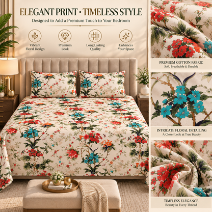 Heavenbirds 300 TC Premium Cotton Bedsheet with 2 Pillow Covers | Ultra Soft & Color Fade Resistant
