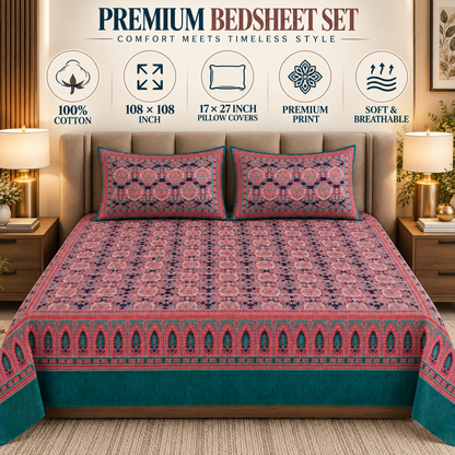Heavenbirds 300 TC Premium Cotton Bedsheet with 2 Pillow Covers | Ultra Soft & Color Fade Resistant