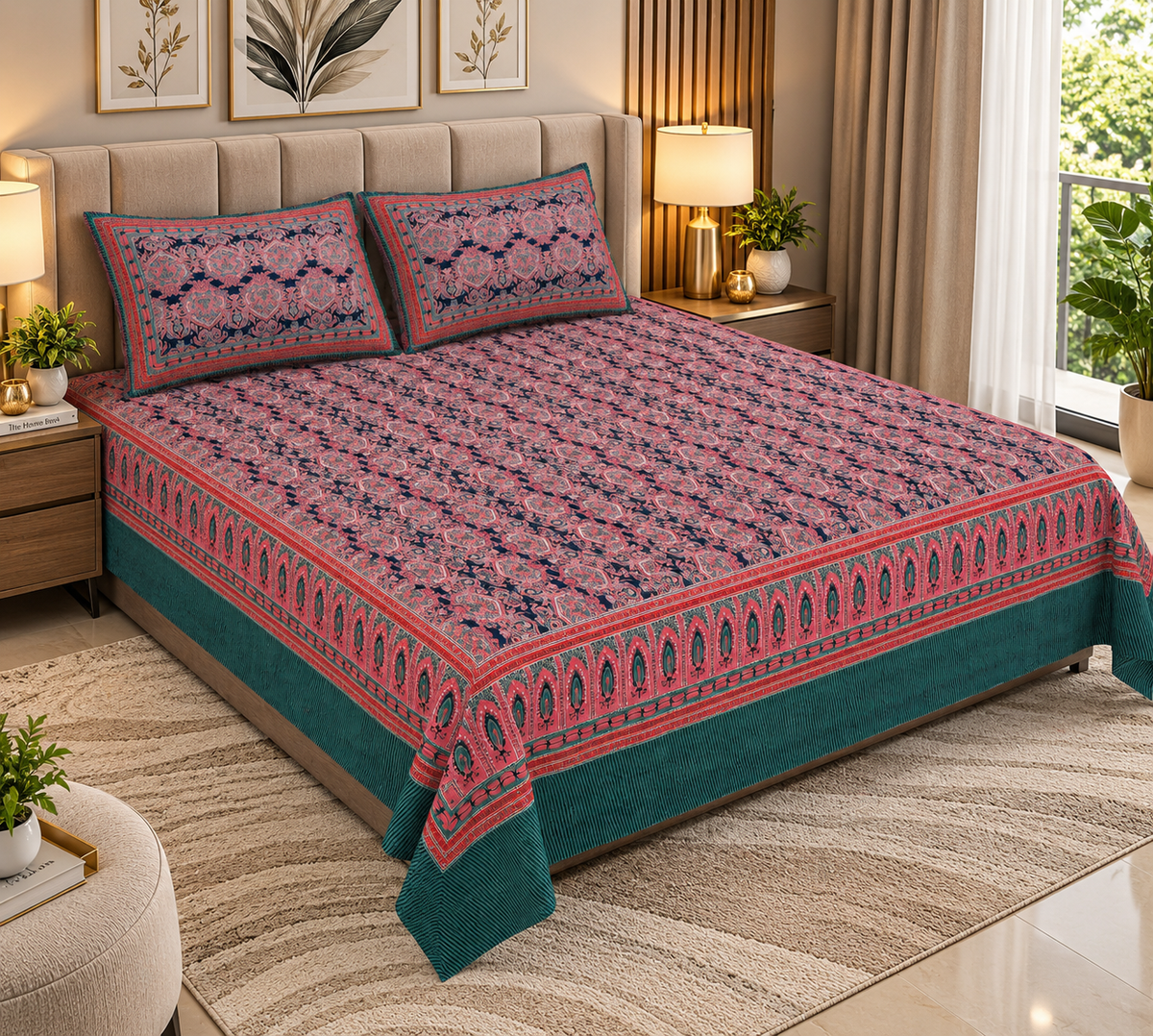 Heavenbirds 300 TC Premium Cotton Bedsheet with 2 Pillow Covers | Ultra Soft & Color Fade Resistant