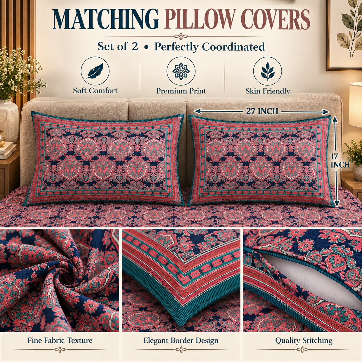 Heavenbirds 300 TC Premium Cotton Bedsheet with 2 Pillow Covers | Ultra Soft & Color Fade Resistant