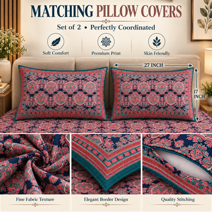 Heavenbirds 300 TC Premium Cotton Bedsheet with 2 Pillow Covers | Ultra Soft & Color Fade Resistant