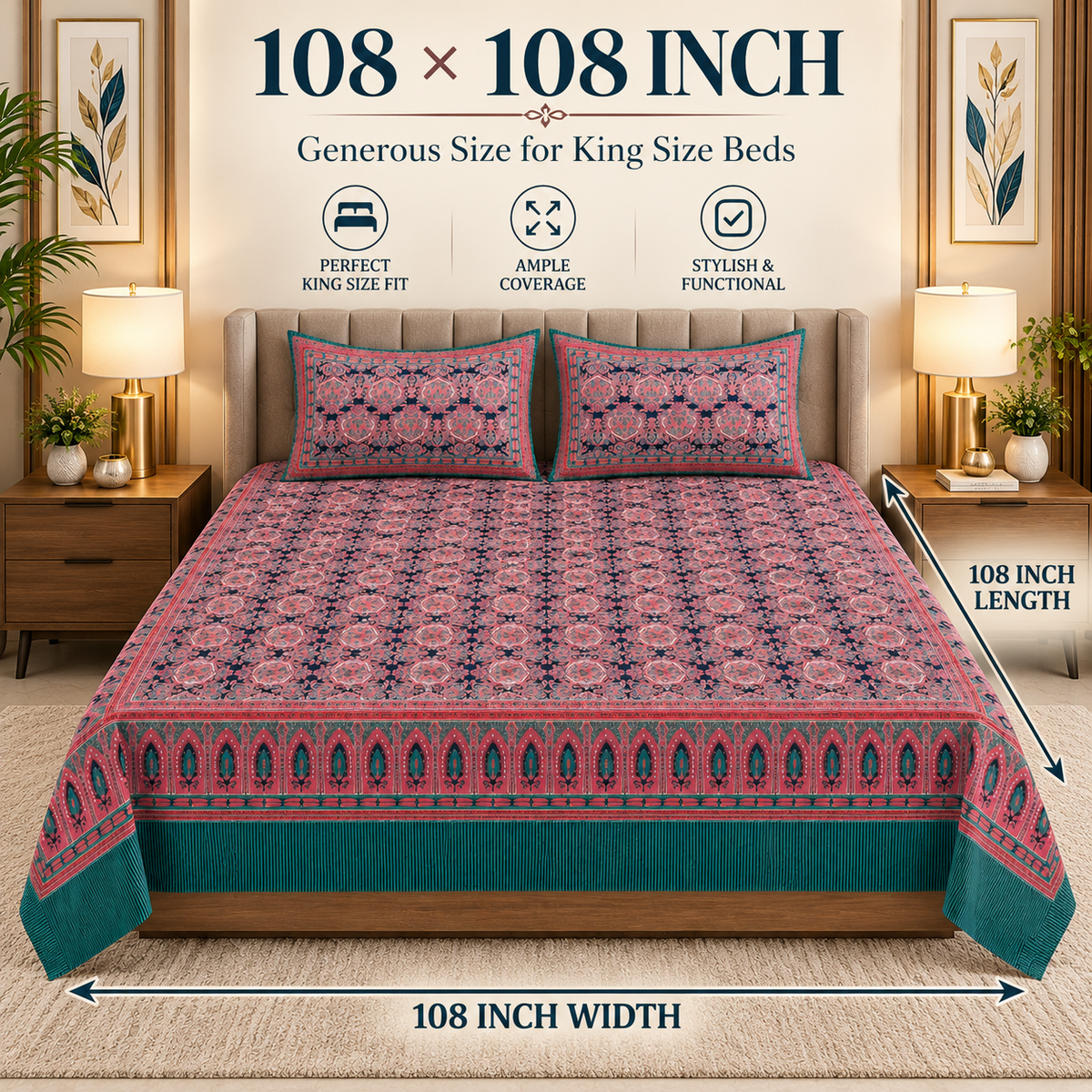 Heavenbirds 300 TC Premium Cotton Bedsheet with 2 Pillow Covers | Ultra Soft & Color Fade Resistant