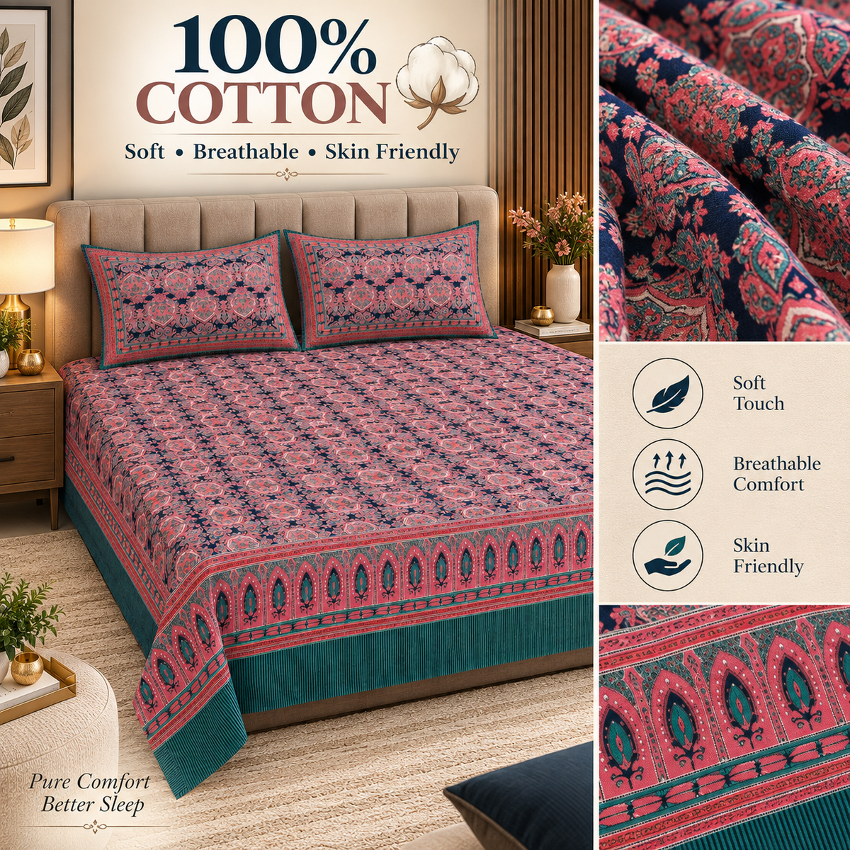 Heavenbirds 300 TC Premium Cotton Bedsheet with 2 Pillow Covers | Ultra Soft & Color Fade Resistant