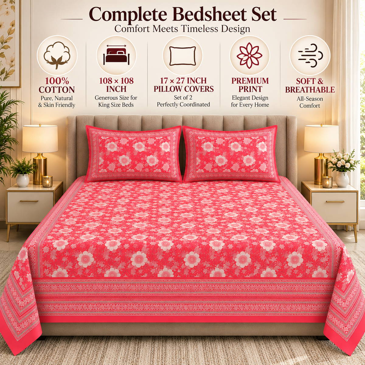 Heavenbirds 300 TC Premium Cotton Bedsheet with 2 Pillow Covers | Ultra Soft & Color Fade Resistant
