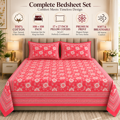 Heavenbirds 300 TC Premium Cotton Bedsheet with 2 Pillow Covers | Ultra Soft & Color Fade Resistant
