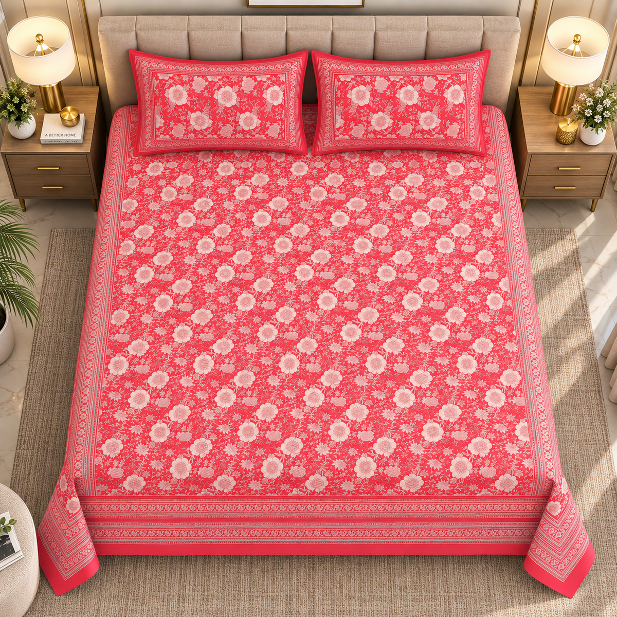 Heavenbirds 300 TC Premium Cotton Bedsheet with 2 Pillow Covers | Ultra Soft & Color Fade Resistant