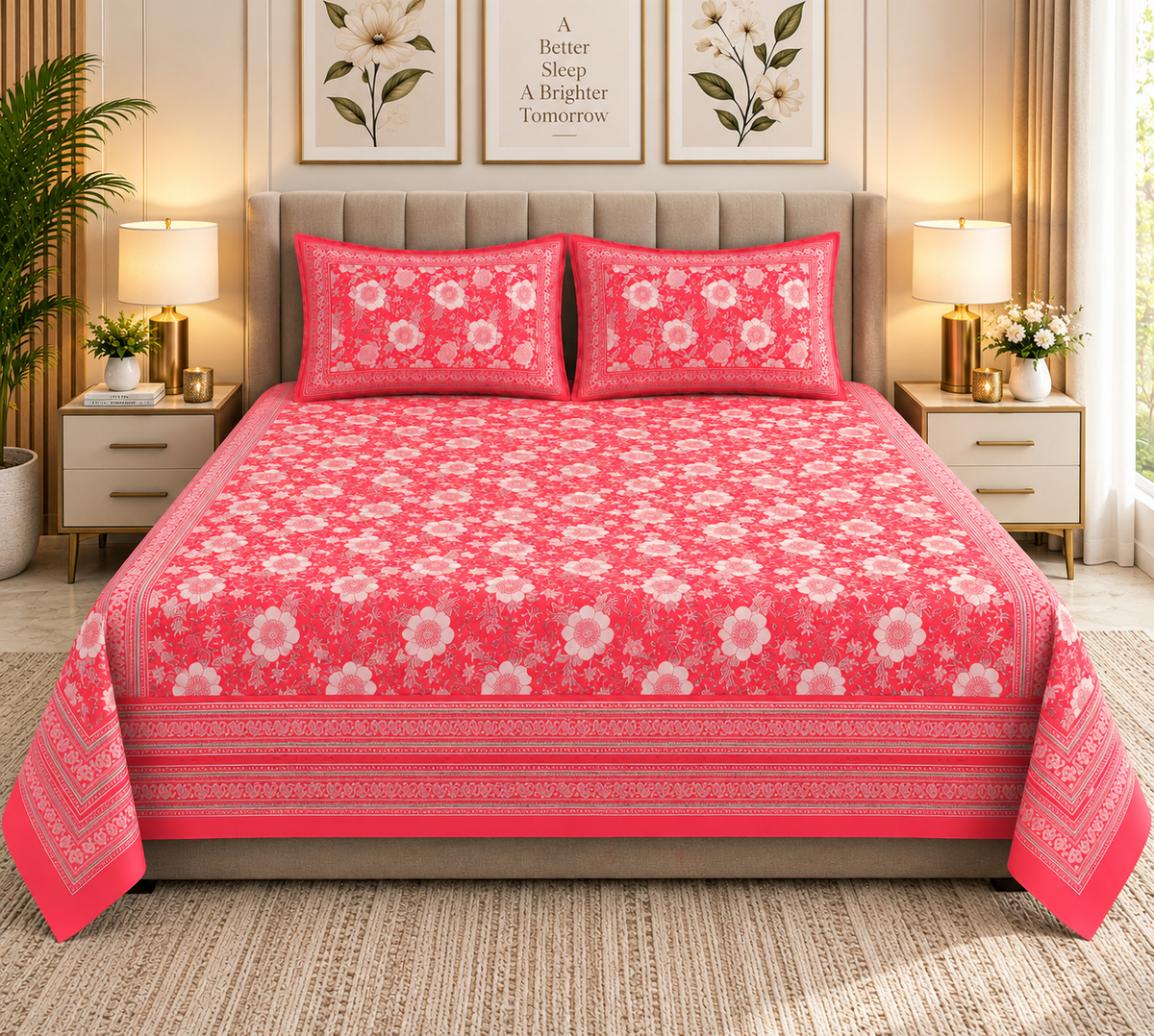 Heavenbirds 300 TC Premium Cotton Bedsheet with 2 Pillow Covers | Ultra Soft & Color Fade Resistant