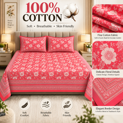Heavenbirds 300 TC Premium Cotton Bedsheet with 2 Pillow Covers | Ultra Soft & Color Fade Resistant