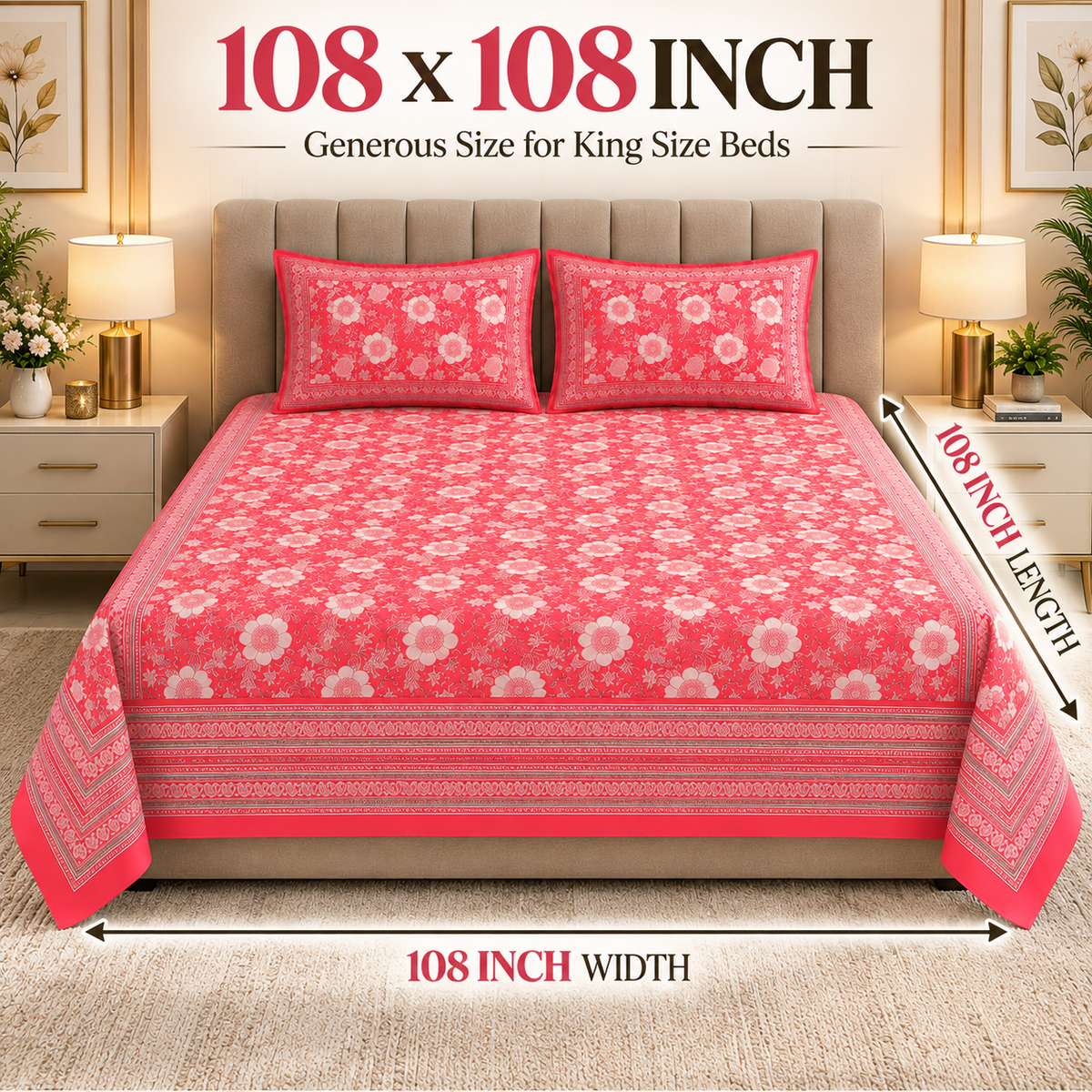 Heavenbirds 300 TC Premium Cotton Bedsheet with 2 Pillow Covers | Ultra Soft & Color Fade Resistant