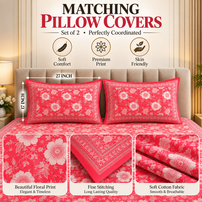 Heavenbirds 300 TC Premium Cotton Bedsheet with 2 Pillow Covers | Ultra Soft & Color Fade Resistant