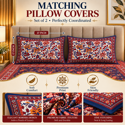 Heavenbirds 300 TC Premium Cotton Bedsheet with 2 Pillow Covers | Ultra Soft & Color Fade Resistant