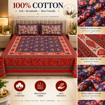 Heavenbirds 300 TC Premium Cotton Bedsheet with 2 Pillow Covers | Ultra Soft & Color Fade Resistant