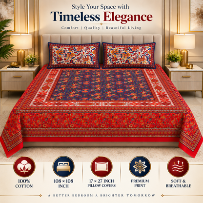 Heavenbirds 300 TC Premium Cotton Bedsheet with 2 Pillow Covers | Ultra Soft & Color Fade Resistant