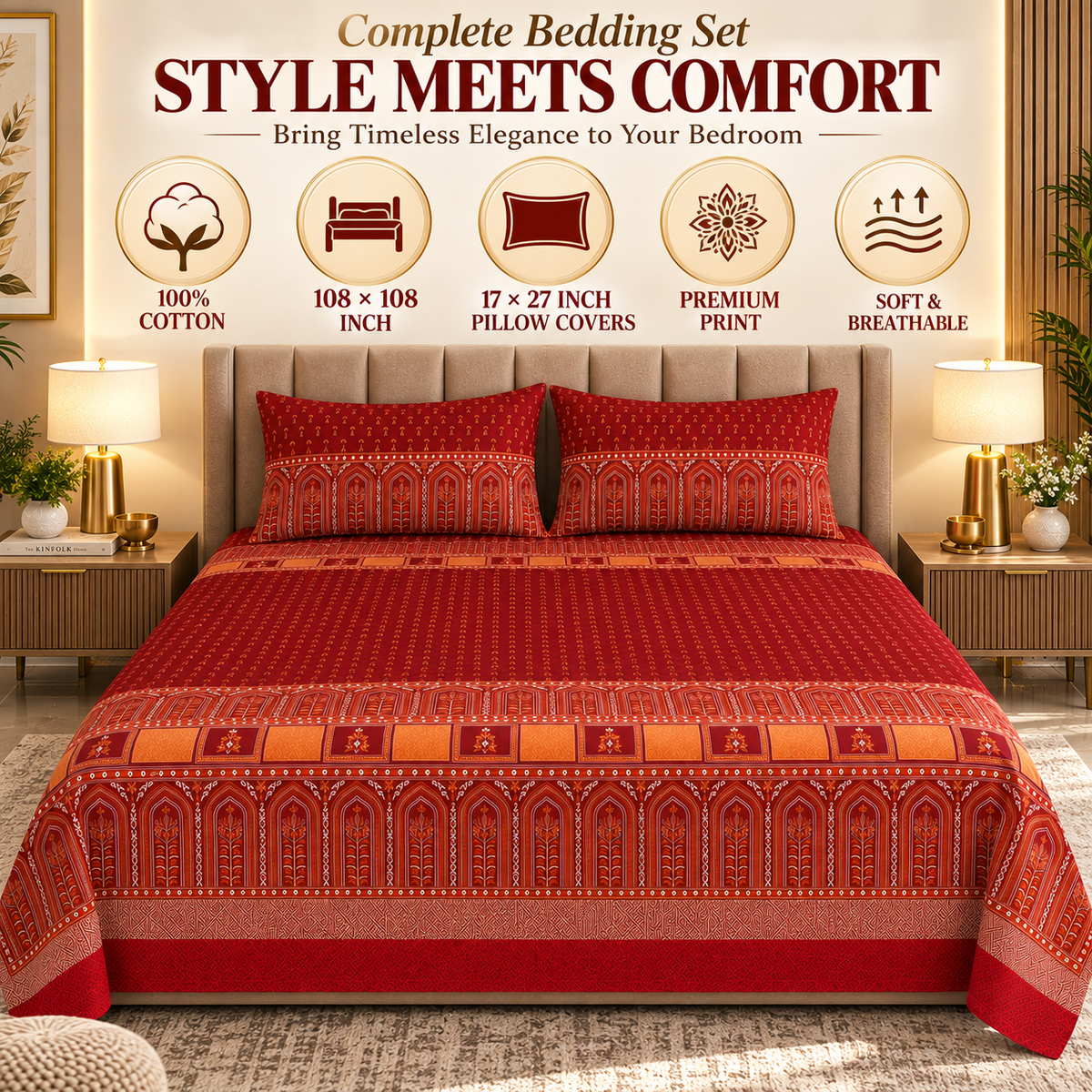 Heavenbirds 300 TC Premium Cotton Bedsheet with 2 Pillow Covers | Ultra Soft & Color Fade Resistant