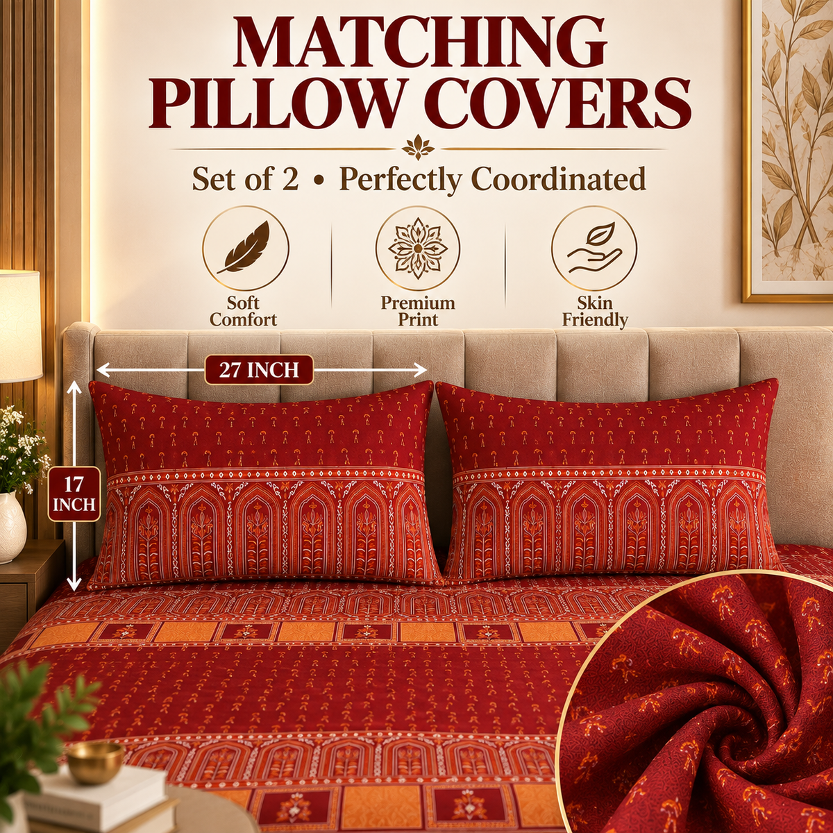 Heavenbirds 300 TC Premium Cotton Bedsheet with 2 Pillow Covers | Ultra Soft & Color Fade Resistant