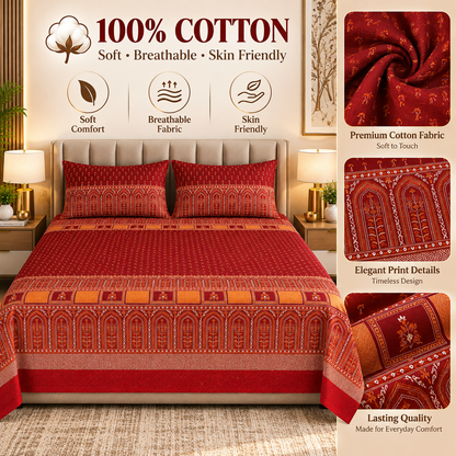 Heavenbirds 300 TC Premium Cotton Bedsheet with 2 Pillow Covers | Ultra Soft & Color Fade Resistant