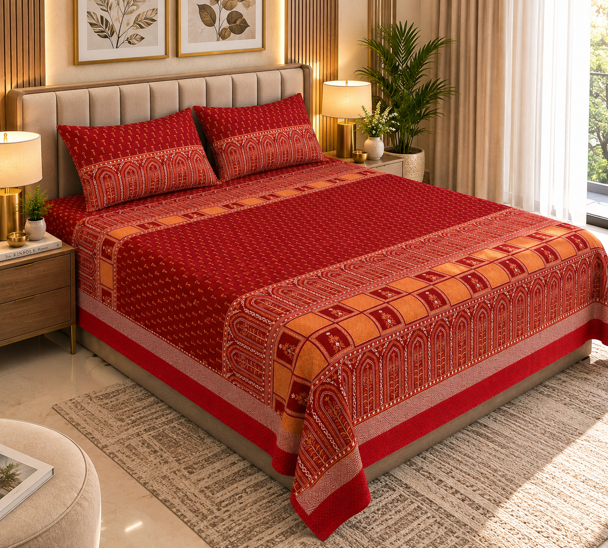 Heavenbirds 300 TC Premium Cotton Bedsheet with 2 Pillow Covers | Ultra Soft & Color Fade Resistant