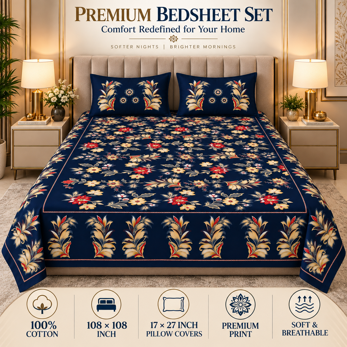 Heavenbirds 300 TC Premium Cotton Bedsheet with 2 Pillow Covers | Ultra Soft & Color Fade Resistant