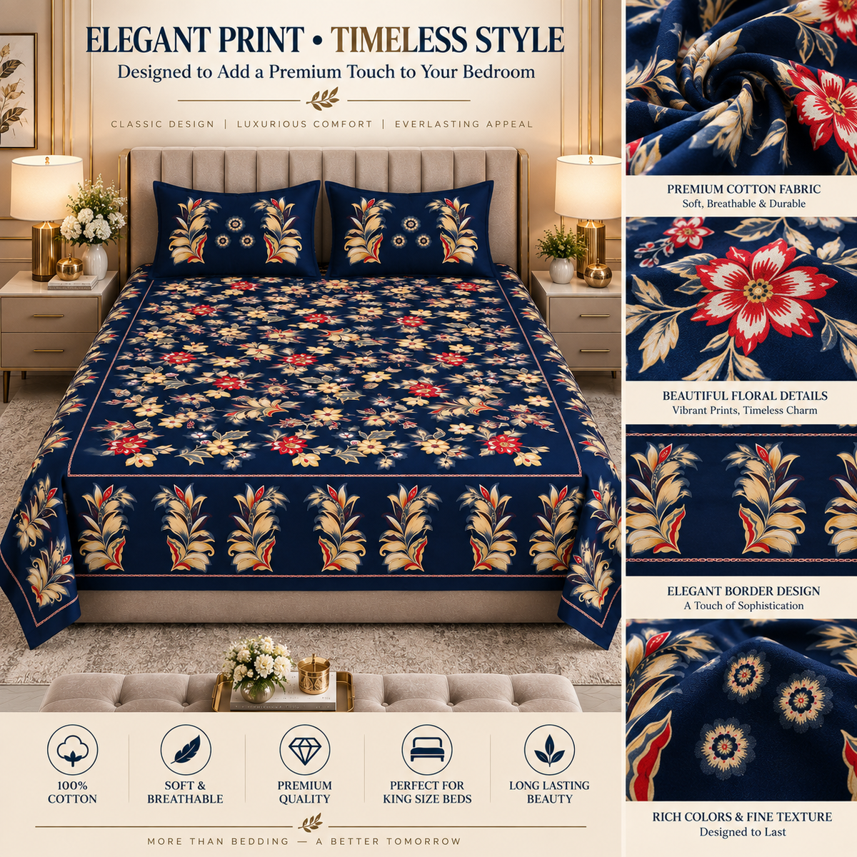Heavenbirds 300 TC Premium Cotton Bedsheet with 2 Pillow Covers | Ultra Soft & Color Fade Resistant