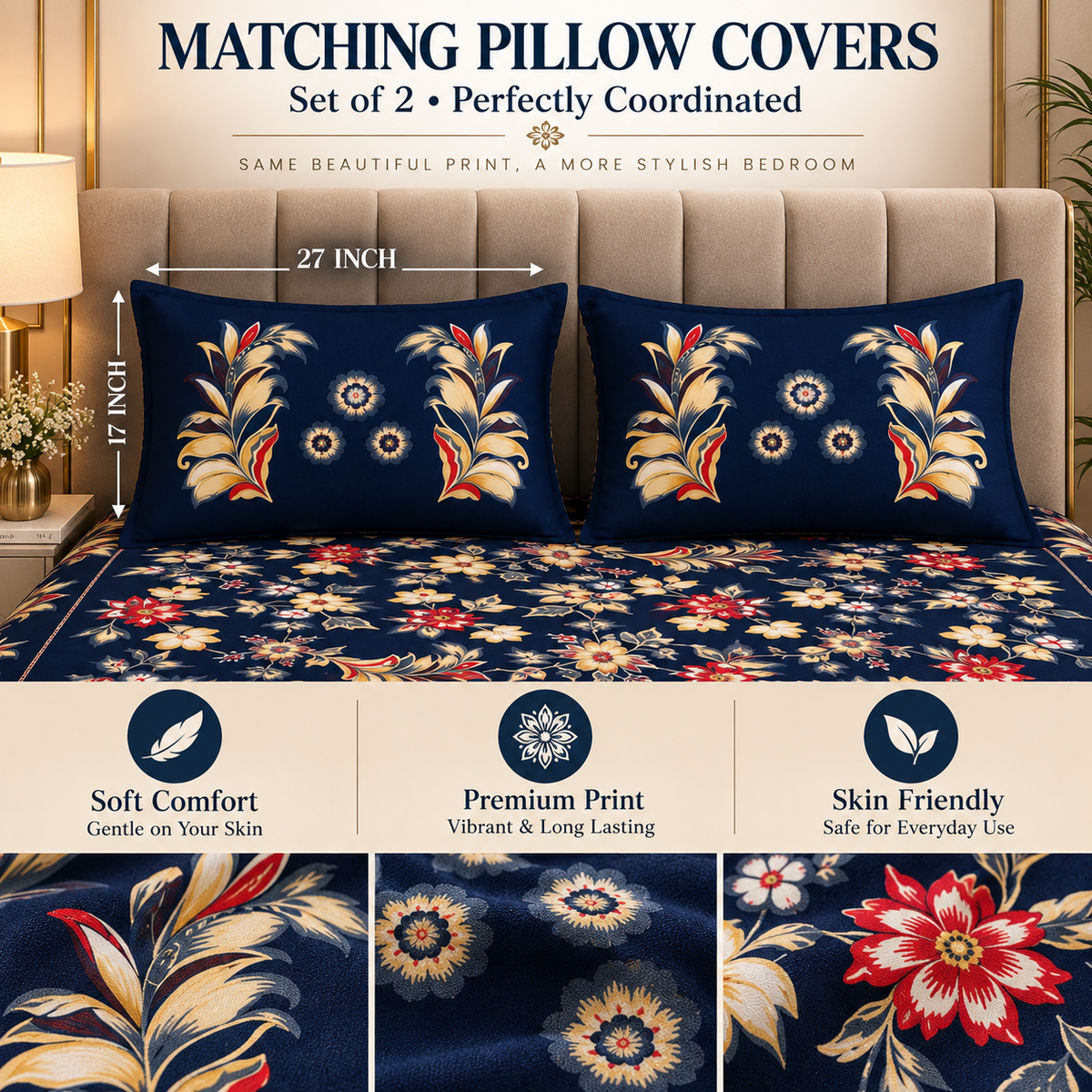 Heavenbirds 300 TC Premium Cotton Bedsheet with 2 Pillow Covers | Ultra Soft & Color Fade Resistant