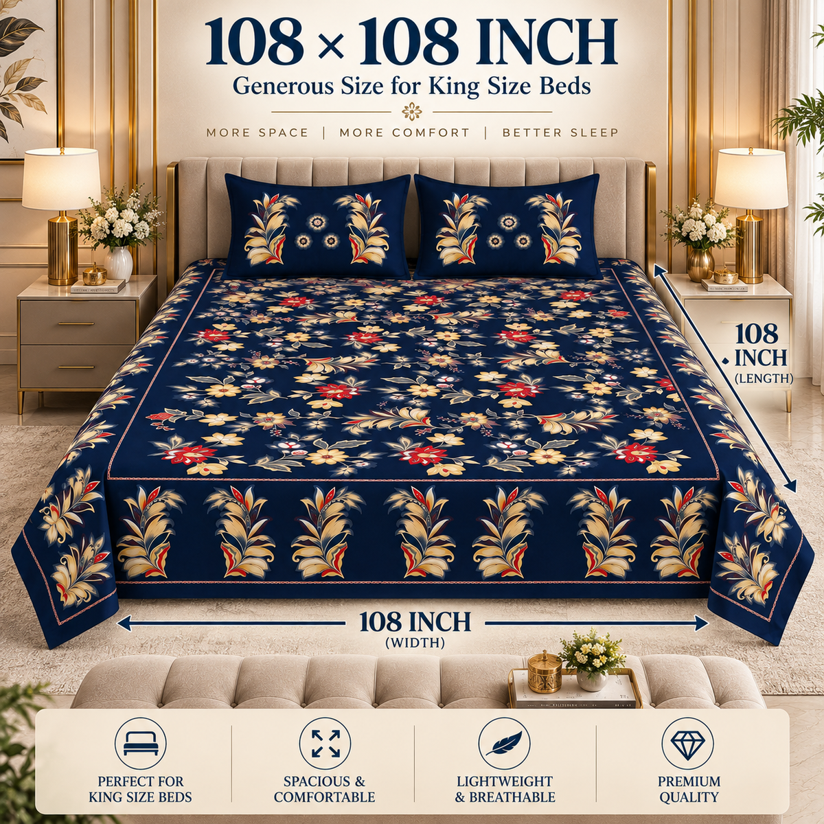 Heavenbirds 300 TC Premium Cotton Bedsheet with 2 Pillow Covers | Ultra Soft & Color Fade Resistant