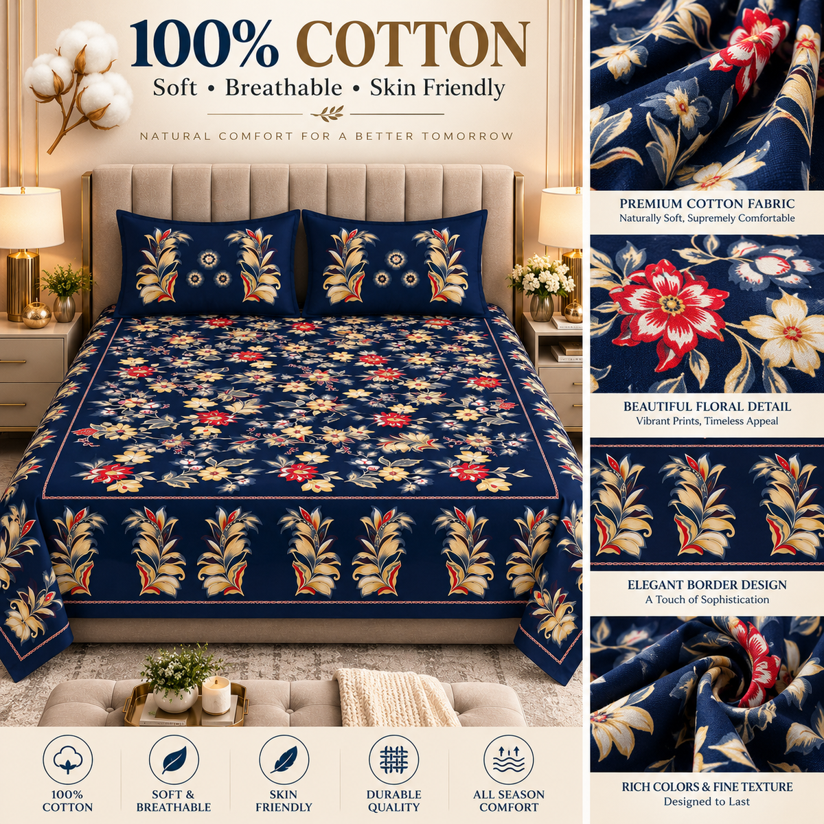Heavenbirds 300 TC Premium Cotton Bedsheet with 2 Pillow Covers | Ultra Soft & Color Fade Resistant
