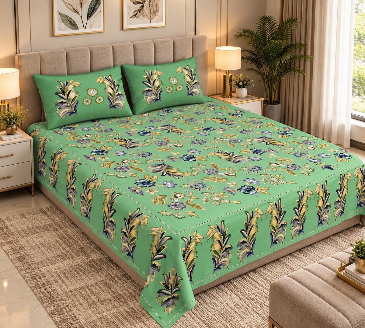 Heavenbirds 300 TC Premium Cotton Bedsheet with 2 Pillow Covers | Ultra Soft & Color Fade Resistant