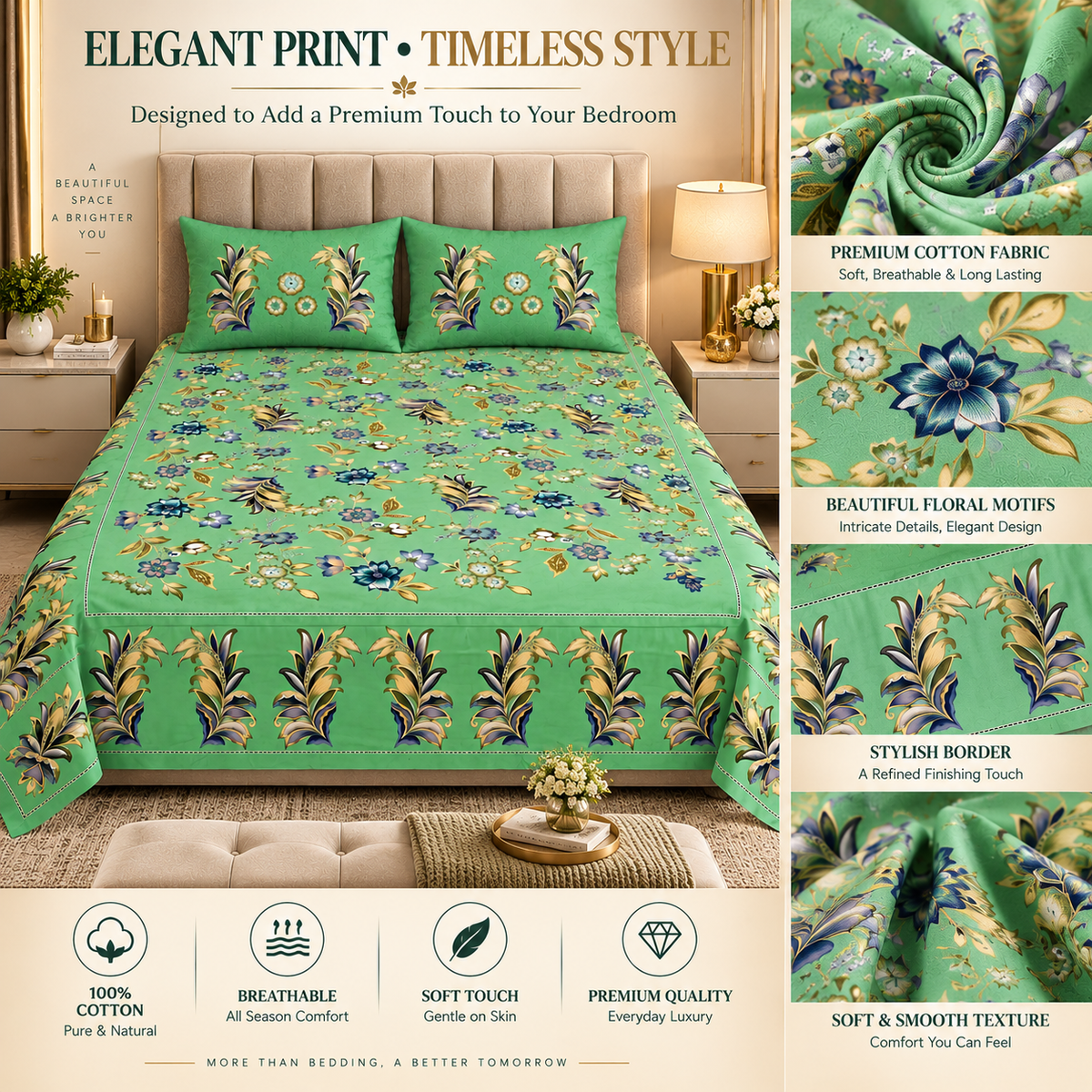 Heavenbirds 300 TC Premium Cotton Bedsheet with 2 Pillow Covers | Ultra Soft & Color Fade Resistant