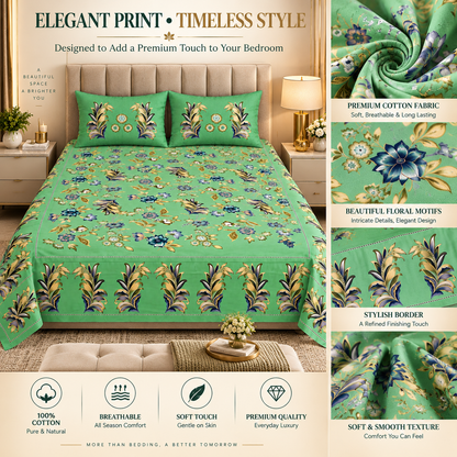 Heavenbirds 300 TC Premium Cotton Bedsheet with 2 Pillow Covers | Ultra Soft & Color Fade Resistant