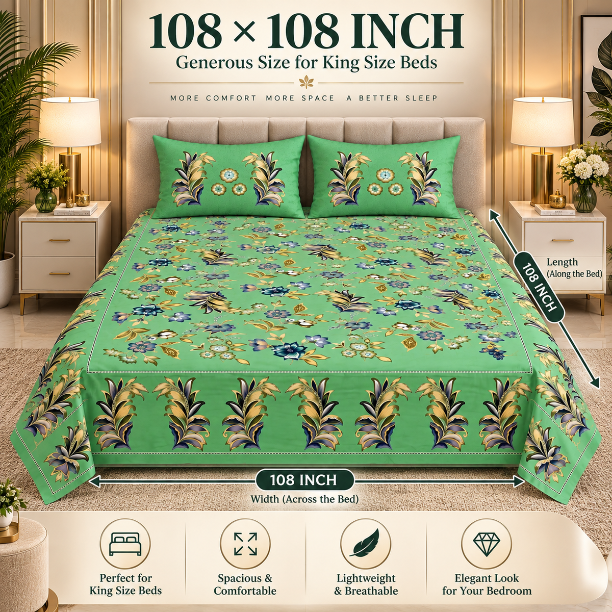 Heavenbirds 300 TC Premium Cotton Bedsheet with 2 Pillow Covers | Ultra Soft & Color Fade Resistant