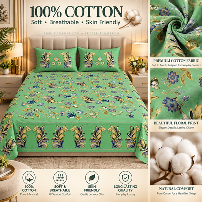 Heavenbirds 300 TC Premium Cotton Bedsheet with 2 Pillow Covers | Ultra Soft & Color Fade Resistant