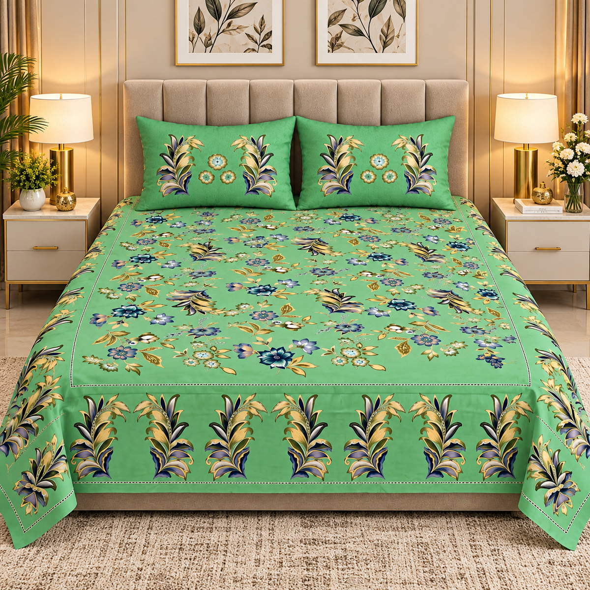 Heavenbirds 300 TC Premium Cotton Bedsheet with 2 Pillow Covers | Ultra Soft & Color Fade Resistant