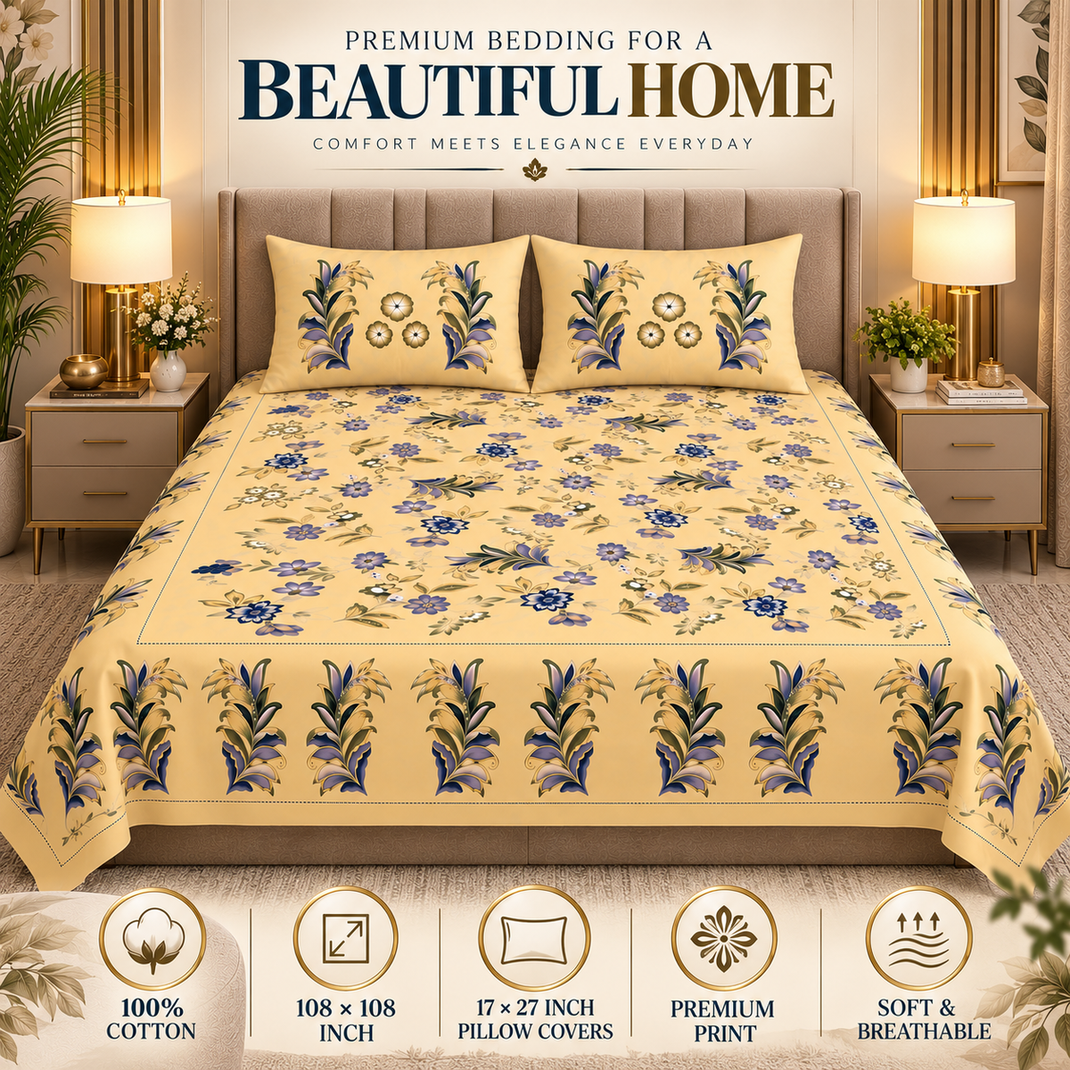 Heavenbirds 300 TC Premium Cotton Bedsheet with 2 Pillow Covers | Ultra Soft & Color Fade Resistant