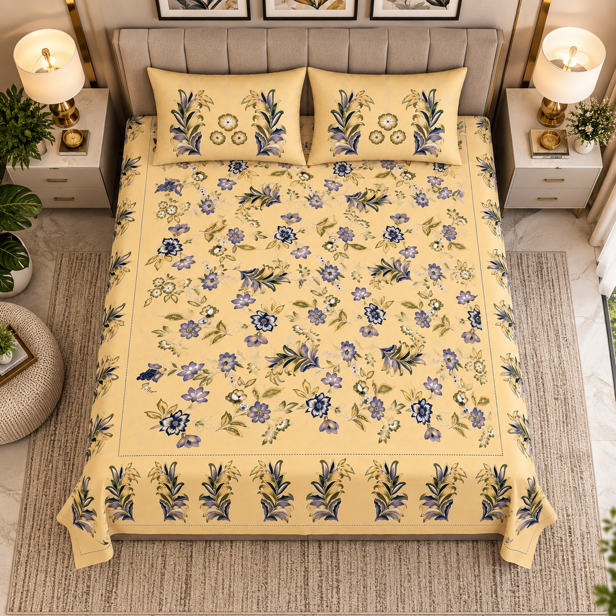 Heavenbirds 300 TC Premium Cotton Bedsheet with 2 Pillow Covers | Ultra Soft & Color Fade Resistant