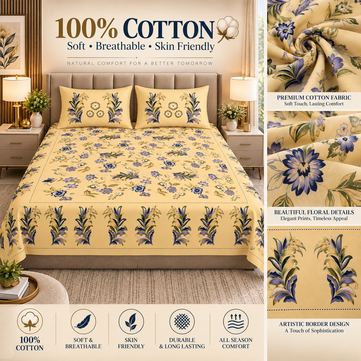 Heavenbirds 300 TC Premium Cotton Bedsheet with 2 Pillow Covers | Ultra Soft & Color Fade Resistant