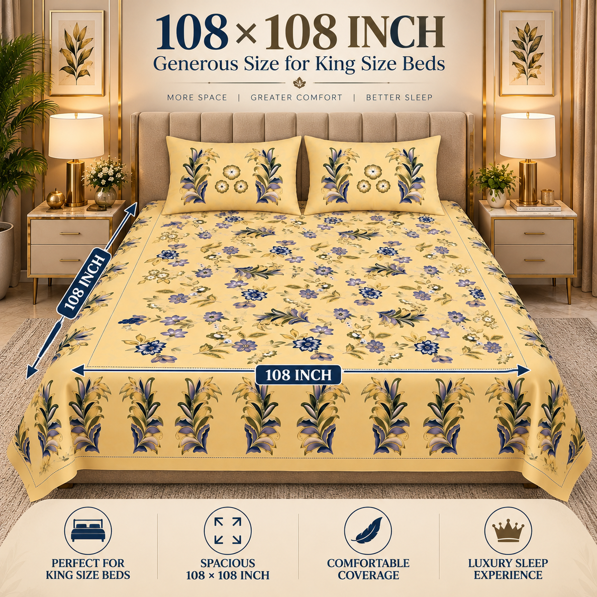 Heavenbirds 300 TC Premium Cotton Bedsheet with 2 Pillow Covers | Ultra Soft & Color Fade Resistant