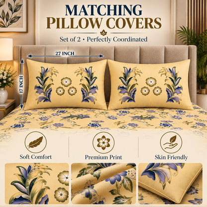 Heavenbirds 300 TC Premium Cotton Bedsheet with 2 Pillow Covers | Ultra Soft & Color Fade Resistant