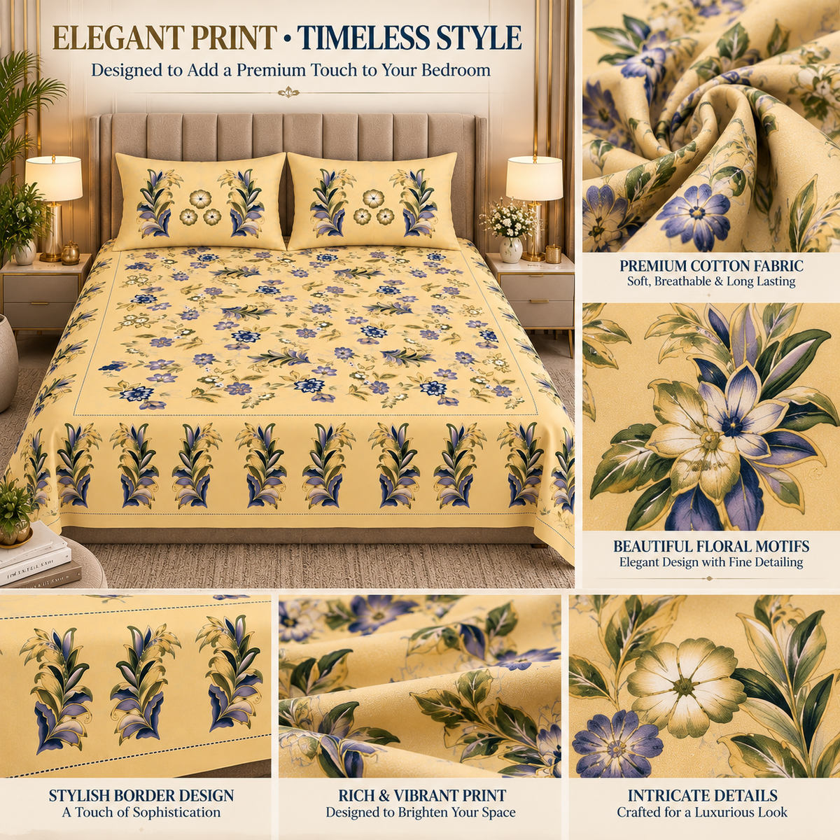 Heavenbirds 300 TC Premium Cotton Bedsheet with 2 Pillow Covers | Ultra Soft & Color Fade Resistant