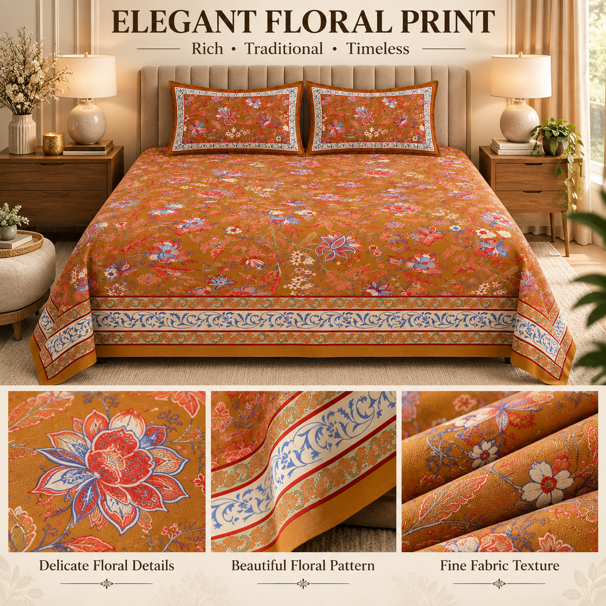 Heavenbirds 300 TC Premium Cotton Bedsheet with 2 Pillow Covers | Ultra Soft & Color Fade Resistant